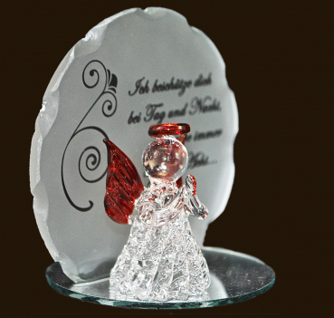 Glasengel rot mit Engelspruch (Figur 3) Höhe: 10 cm