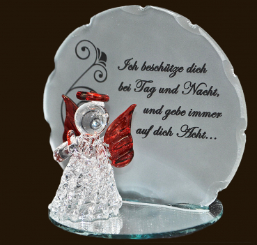Glasengel rot mit Engelspruch (Figur 3) Höhe: 10 cm