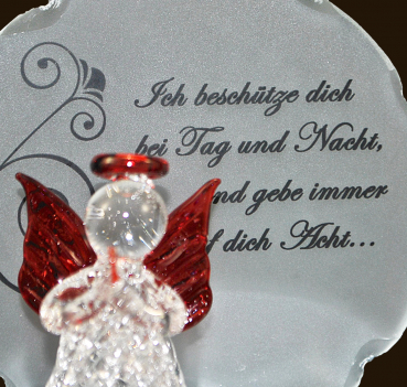 Glasengel rot mit Engelspruch (Figur 3) Höhe: 10 cm