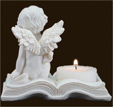 Engel mit Teelicht auf Buch (Figur 1) Höhe: 8,5 cm