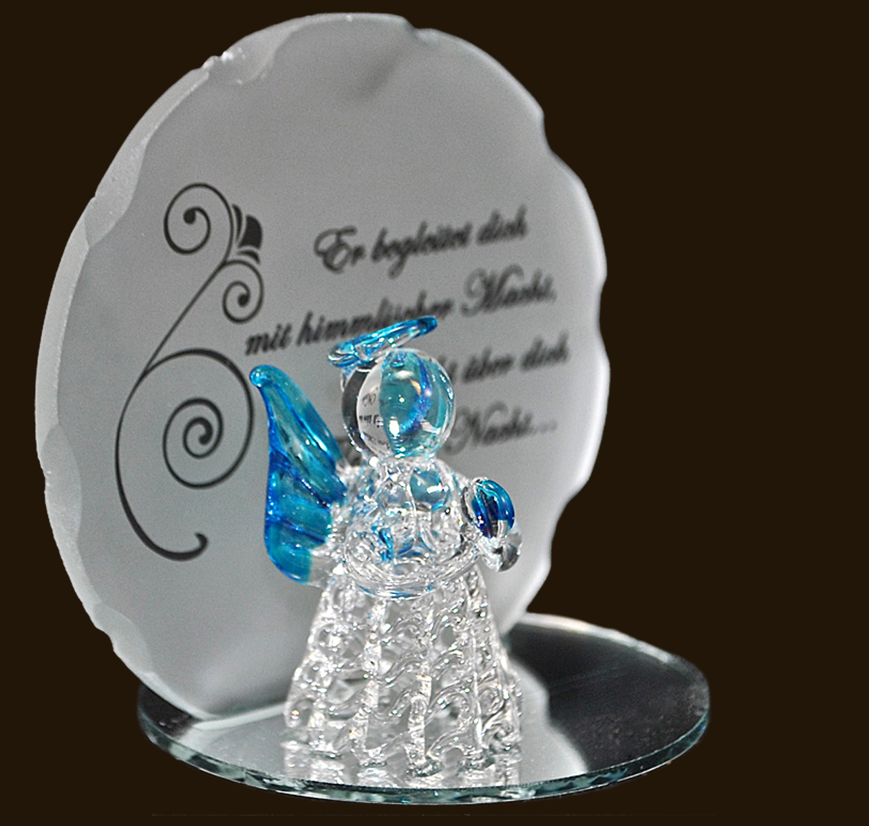Glasengel blau mit Engelspruch (Figur 1) Höhe: 10 cm