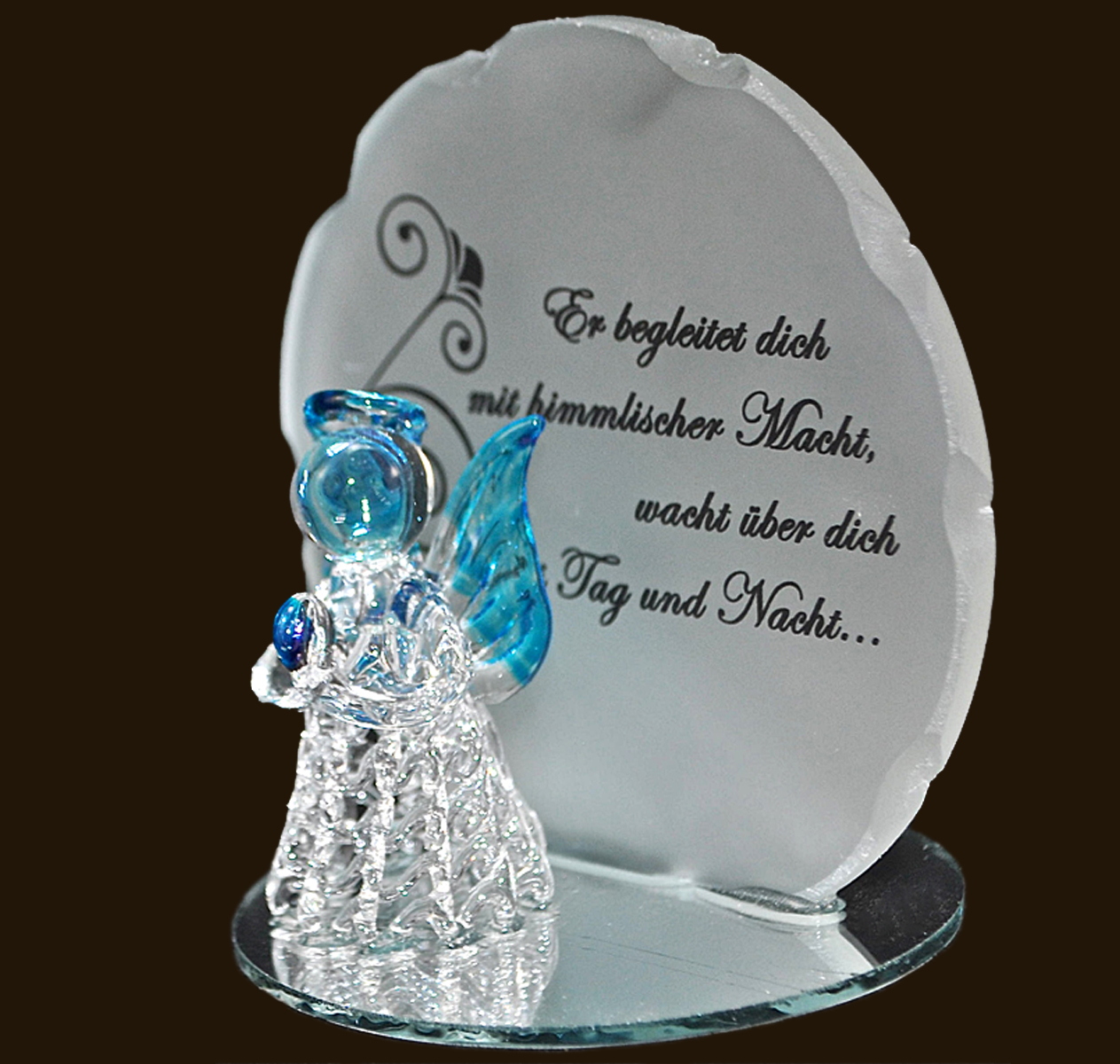 Glasengel blau mit Engelspruch (Figur 1) Höhe: 10 cm