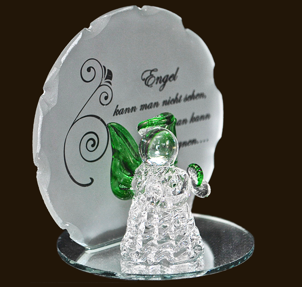 Glasengel grün mit Engelspruch (Figur 2) Höhe: 10 cm